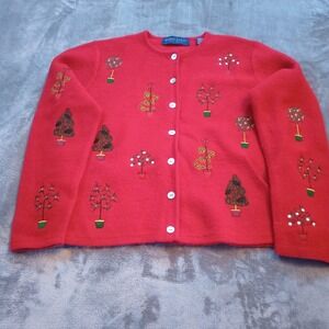 Karen Scott Christmas Cardigan Sweater Size M 100% Wool Red Embroidered Grandma
